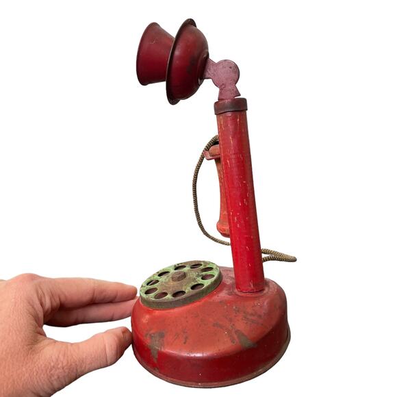 Vintage Tin Candlestick Telephone Toy Child Phone Wood Red Antique READ - Picture 3 of 14